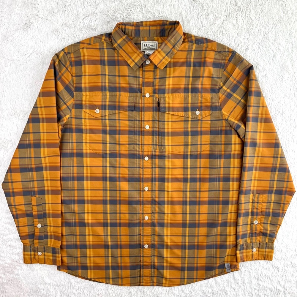 L.L. Bean Shirt Men's MEDIUM Orange Plaid Long Sleeve‎ Hiking Trail 3 Pockets LL